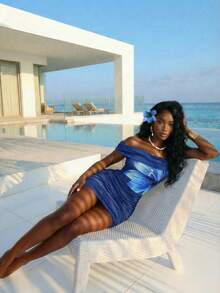 Slaydiva 2025新款印花不对称露肩露背褶皱迷你连衣裙，适合派对、生日、婚礼、度假、海滩等场合 - 藏蓝色 - 藏蓝色 - 查看 6