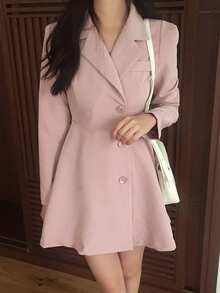 DAZY Lapel Single-Breasted Cinched Waist Long Sleeve Dress For Women - Baby Pink - View 5