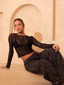 juhmazzocco Women's Lace Elastic Peony Floral See-Through Long Sleeves Sexy Top - Black - View 3