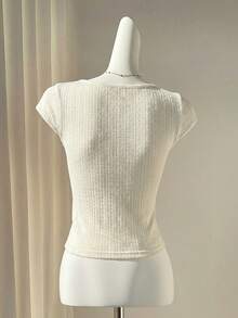 Elamini 女士杏色纹理针织高弹方领短袖修身T恤，甜美性感欧美风，春夏款 - 杏色 - 查看 2