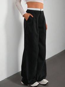 SHEIN Tall Ladies' Casual Striped Wide-Leg Colorblock High Waist Suit Pants, Suitable For Spring/Summer - Black and White - View 5