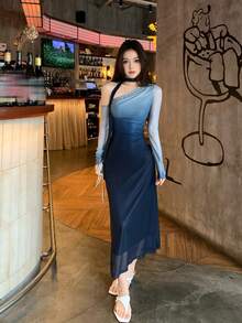 Women's Oblique Shoulder Flounce Long Sleeve Cinched Waist Gradient Elastic Bodycon Dress - Blue - View 8