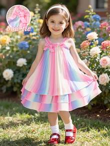 SHEIN Glamorique Kids 女童無袖彩虹條紋分層短洋裝，馬卡龍粉色夏季仙女生日套裝，圓領漸層壓褶洋裝 - 彩色 - 查看 11