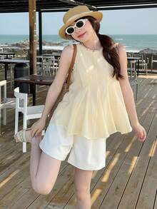DAZY Áo kiểu nữ không tay cổ tròn phối ren tương phản, viền bèo nhún, thích hợp cho mùa hè. - Màu be - Xem 8