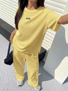 Muchica Mustard Textured Casual Loose T-Shirt And Pants Set For Women - Pale Yellow - View 3
