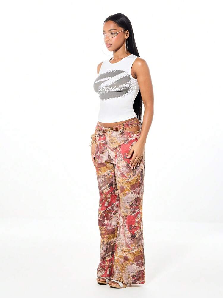 SUMWON Cropped Sleeveless Tank Top With Graphic Print Round Neckline Casual Summer Fashion Top