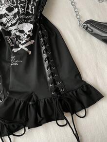 Attitoon 女士露背蝴蝶装饰时尚印花系带荷叶边迷你连衣裙 - 黑色 - 查看 6
