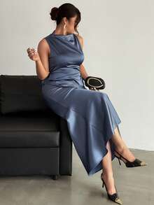 Firerie 大码女士优雅通勤套装，无袖褶皱领高低摆条纹衬衫搭配褶皱腰身超长鱼尾中长裙，蓝色缎面套装，优雅通勤女装，春夏秋季皆宜，风格优雅，通勤，性感，波西米亚风，音乐节，浪漫，约会，派对，婚礼季，毕业礼服，舞会礼服，演出服，演唱会服装，工作服，返校季，女士度假装，女士生日装，女士教师装 - 藍色 - 查看 7