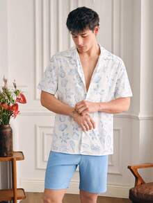 SWAVVY Men's Fashionable Printed Short Sleeve Shirt Set, Spring/Summer - Blue - View 4