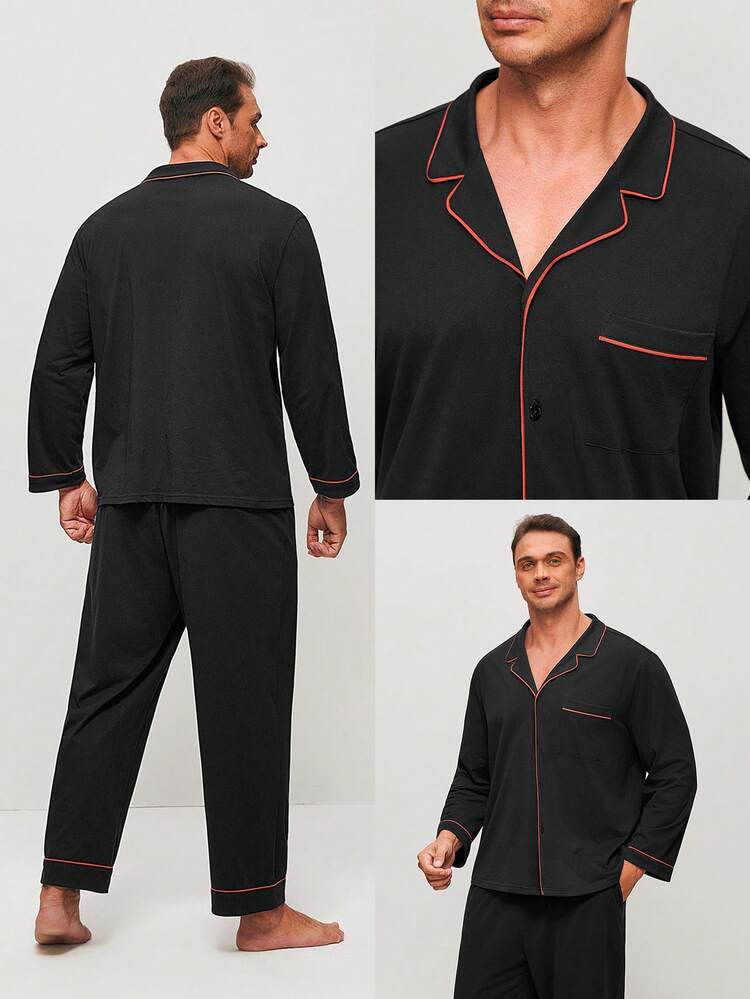 Ensemble de pyjama grande taille printemps et été en 100% coton doux noir, Top à boutons longs et pantalon. Ensemble de détente pour hommes avec pantalon à poches. Pyjama en coton