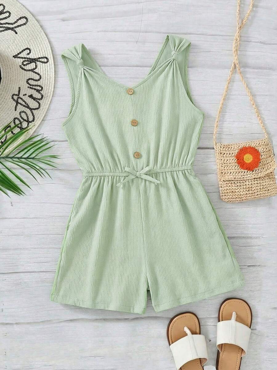 Emery Rose Kids Emery Rose Kids Bộ áo liền quần kiểu vest xoắn cho bé gái tuổi teen, có cúc cài phía trước, được trang trí bằng chất liệu dệt họa tiết, thích hợp cho các chuyến đi chơi mùa xuân, phong cách đồng quê, tiệc trà chiều trong vườn, dạo phố, đi học, và cả mẹ lẫn bé. - Màu xanh chanh - Xem 1