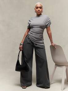 Vixey 灰色高腰褶裥阔腿裤 - 灰色 - 查看 3
