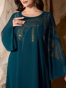 Al Najma Women's Fashionable Chiffon Rhinestone Embellished Long Sleeve Round Neck Dress, Elegant For Banquet, Holiday Party, Arabic Style - Dark Green - View 2