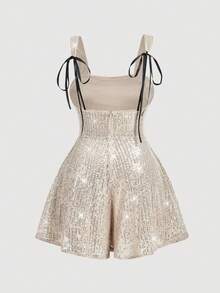 SHEIN MOD Plus Size Women's Apricot Sequin Party Dress Sleeveless Short & Sparkly Fit-And-Flare Design Silver Sequin Jumpsuit,Spring/Summer - Silver - View 6