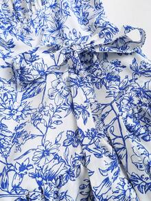 Olithes Women's Elegant Casual Minimalist Square Neck Puff Sleeve Cinched Waist Short Printed Vacation Dress, Summer - Blue and White - View 5