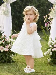 SHEIN Babygirl Elegant & Cute White Textured Sleeveless Loose Summer Dress Baby Girl Lace White Dress White Flower Girl Dress Toddler Girl Elegant Dress White Dress White Flower Dress Baby Girl Lace Dress Flower Lace Dress Baby Girl White Dress - Apricot - View 3