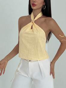 Aloruh Áo tank top cotton tối giản, gợi cảm, hở lưng, buộc dây xoắn, ôm sát dành cho nữ. - Màu vàng - Xem 5