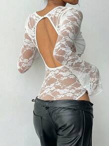 Aloruh 女士纯黑色蕾丝性感露背连体衣，秋冬新品 - 白色 - 查看 2