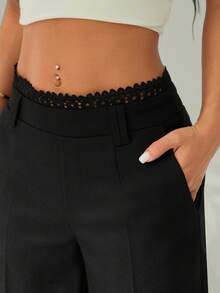 SHEIN PETITE Elegant Contrast Lace Dress Pants, Suitable For Spring/Summer - Black - View 1