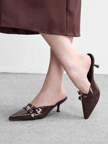 CUCCOO BIZCHIC Sepatu hak rendah runcing berwarna cokelat elegan untuk wanita dengan detail gesper, model selop. - Chocolate Brown - View 7