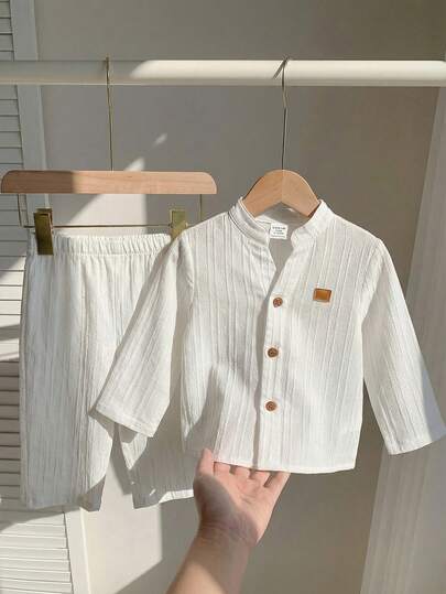 LMoss Kids LMoss   2pcs Baby Boy Woven Solid Color Casual Shirt And Pants Set Baby Boy Two Piece Set Toddler Co Ord