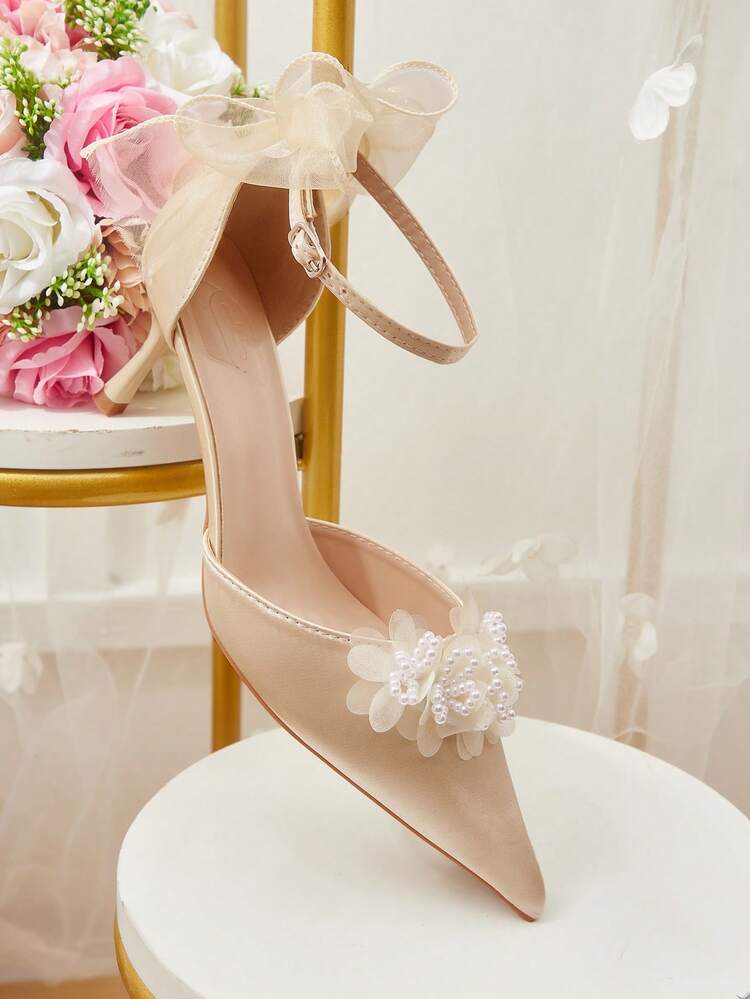 CUCCOO HITCHD Women Shoes Spring And Summer New Fairy Mesh Bow Pearl Flower Decoration Pointed Thin Heel Buckle 6cm Women's High Heel Shoes Gentle Elegance Satin Solid Color Banquet Dating Bridesmaid Shoes