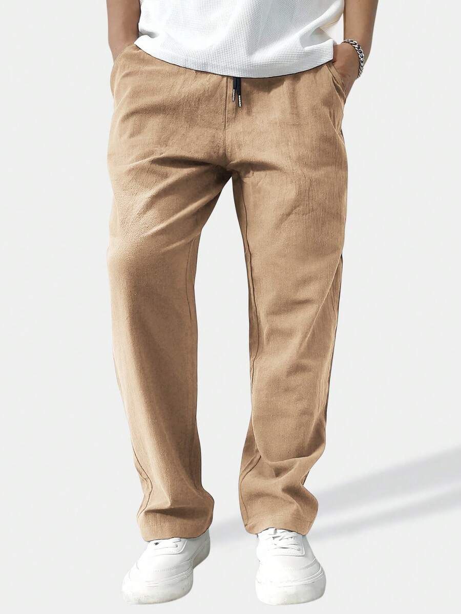 Manfinity Homme 男士宽松纯色抽绳腰直筒裤 - 卡其色 - 查看 1
