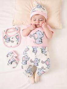 SHEIN 5pcs/Set Newborn Baby Boy Summer Outfit, Includes Cute Bear Print Knit Soft Bodysuit, All-Over Print Pants, Hat, Bib, Gloves - Pink - View 1