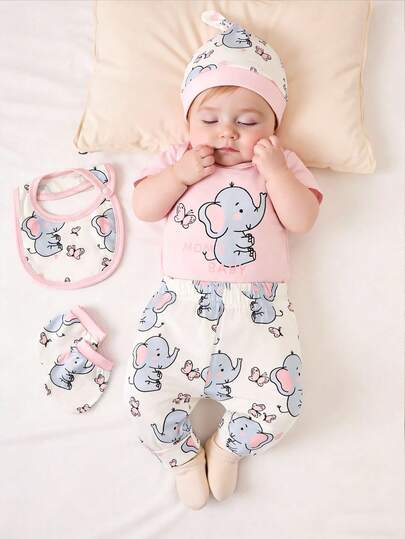SHEIN 5pcs/Set Newborn Baby Boy Summer Outfit, Includes Cute Bear Print Knit Soft Bodysuit, All-Over Print Pants, Hat, Bib, Gloves
