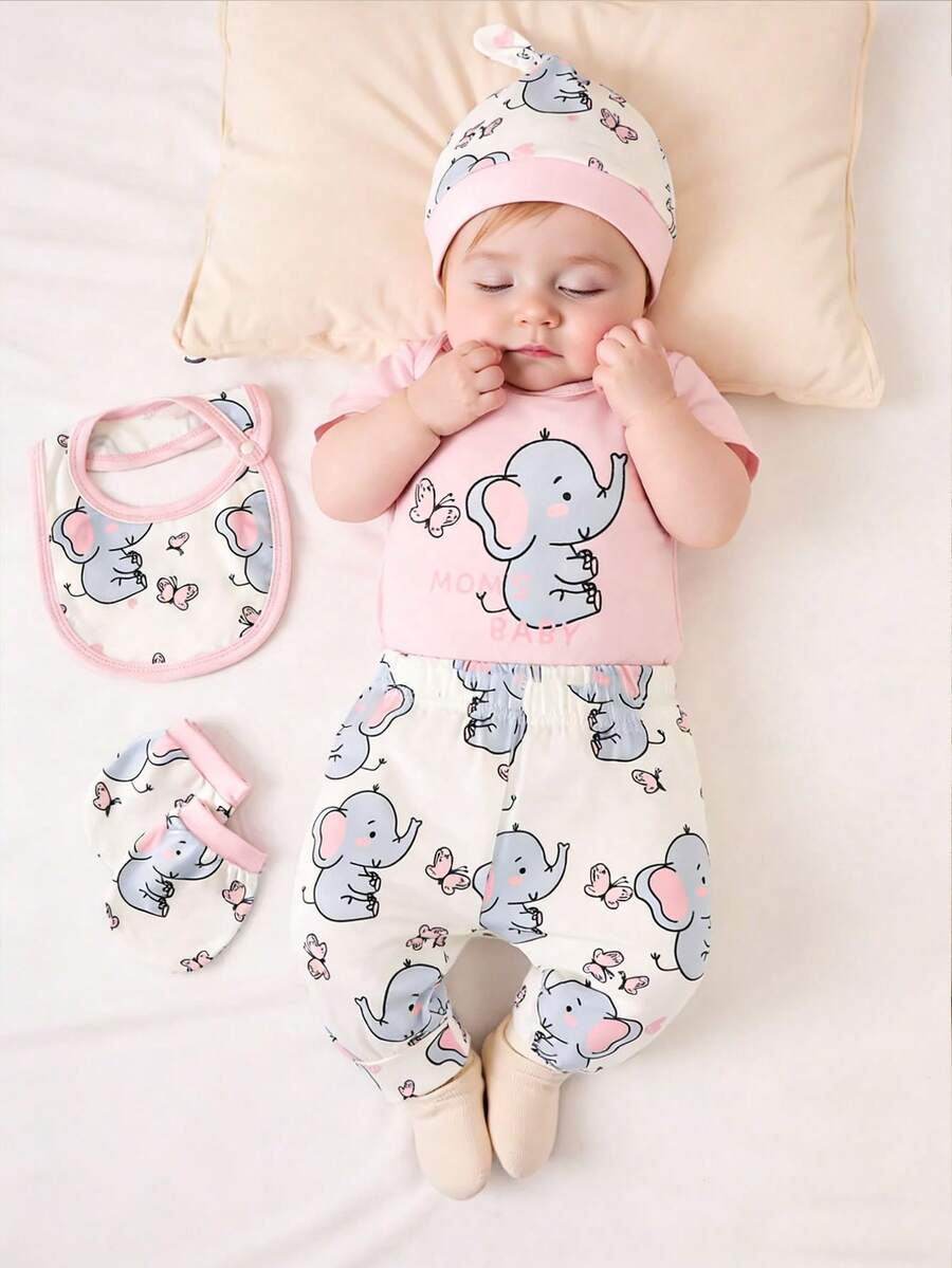 SHEIN 5pcs/Set Newborn Baby Boy Summer Outfit, Includes Cute Bear Print Knit Soft Bodysuit, All-Over Print Pants, Hat, Bib, Gloves - Pink - View 1