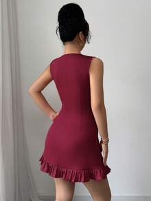 Elenzga New Arrival Women's Round Neck Bow Tie Design Open Slit Sleeveless Fitted Hem Contrast Color Pleated Elegant Versatile Commute Date Party Mini Dress - Burgundy - View 2