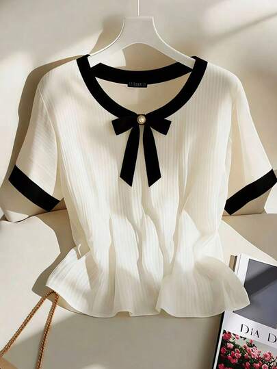 Resyla 女士撞色圆领短袖衬衫，饰有蝴蝶结，优雅