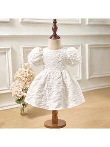 SHEIN 女婴可爱优雅白色花卉纹理图案短袖连衣裙 - 白色 - 查看 11