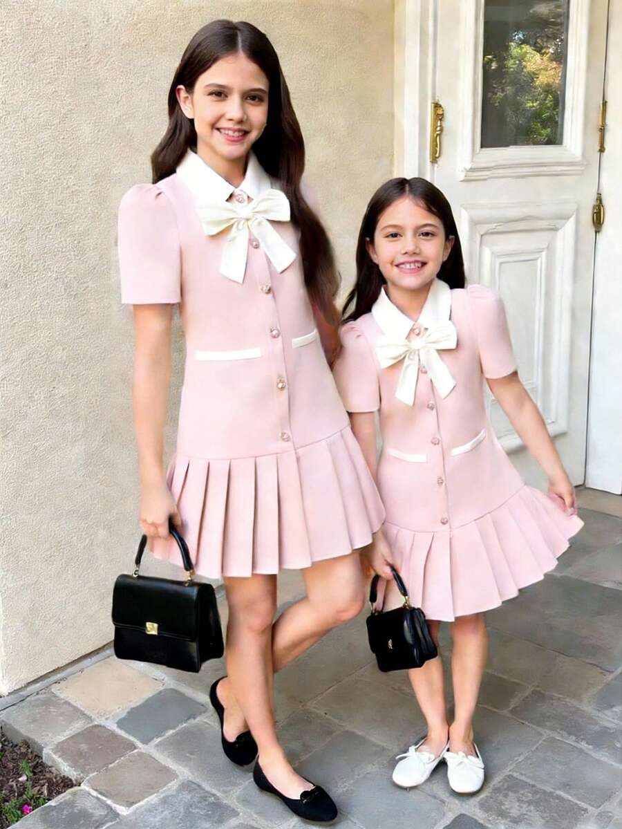 Elladie kids 少女休闲优雅蝴蝶结装饰短袖褶皱连衣裙，适合甜美、可爱、迷人、舒适优雅的校园穿着