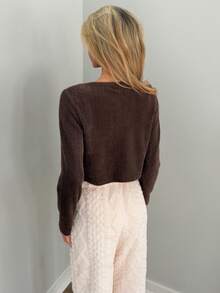 Sydney Algeri 2pcs Women Autumn/Winter Fashion Brown Fuzzy Fitted Crop Top & Cardigan Set Long Sleeve Women - Coffee Brown - View 2