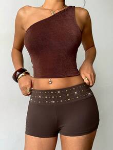 Aloruh Women's Dark Brown Hot Pants With Rivet Decoration, Seductive Micro Shorts For Night Out, Summer Music Festivals, Streetwear, Boho Chic Beach - Brown - View 6
