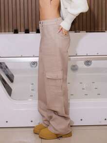 AfricaSnchz 女式宽松实用口袋阔腿休闲牛仔裤 - 卡其色 - 查看 5
