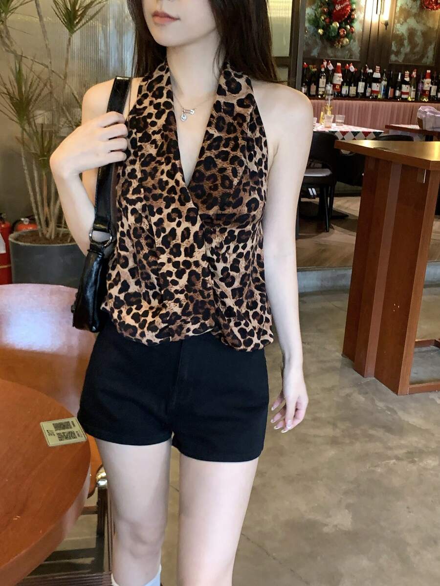 DAZY Áo hai dây cổ chữ V họa tiết da báo gợi cảm dành cho nữ, thiết kế thắt nút bất đối xứng, hở lưng, thích hợp cho mùa Thu/Đông. - Cà phê nâu - Xem 1