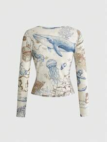 ROMWE Grunge Punk SpringNautical Print Mesh Sheer Women Top - Black - View 2