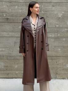 Kuleshova Women Fashion Street Chic PU Leather Lapel Collar Double Breasted Belted Long Trench Coat Fall Winter Cloth For Women - Brown - View 5