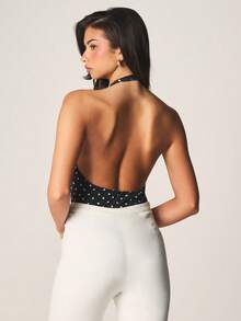 MISSGUIDED Polka Dot Deep V Neck Halter Bodysuit With Open Back Design And Classic Black White Pattern For Casual Summer Outfits - Black and White - View 2
