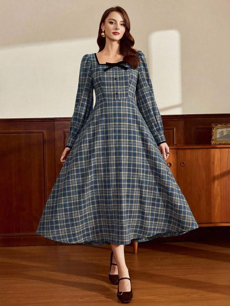 Vintamour Women's Vintage Blue Plaid Autumn Tea Party Dress,Elegant Square Collar Contrast Trim Fitted Long Sleeve Flared Coffee Plaid Dress With Bow Button