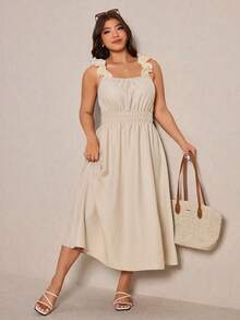 Elaquor Plus Size Women Solid Color Square Neck Ruched Waist Dress,Beige Summer Elegant Tea Party Wedding Guest Holiday Casual Beach Vacation Sun Dress - Apricot - View 1