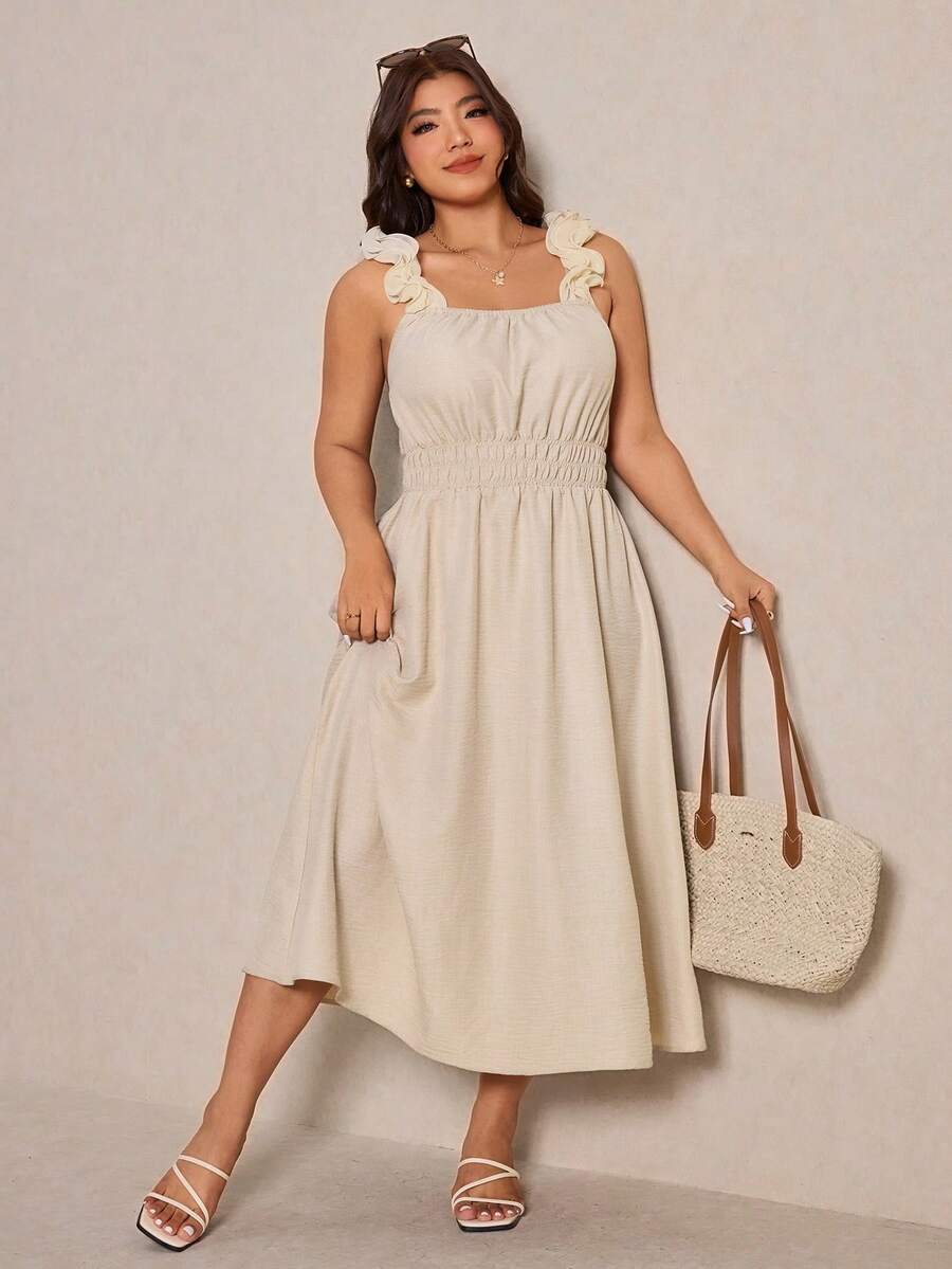 Elaquor Plus Size Women Solid Color Square Neck Ruched Waist Dress,Beige Summer Elegant Tea Party Wedding Guest Holiday Casual Beach Vacation Sun Dress - Apricot - View 1