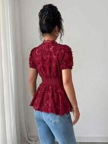 Elenzga 女士春夏镂空透视拼接V领蕾丝腰身衬衫 - 酒紅色 - 查看 2