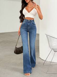 Woman Stretch Washed Blue High Waist Bootcut Denim Jean Petite - Medium Wash - View 2