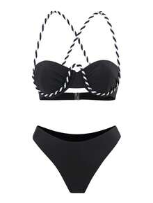 Bonvoyette Women's Black & White Spaghetti Strap Tie-Up Sexy Beach 3 PiecesBikini Swimwear, Summer - Black - View 5