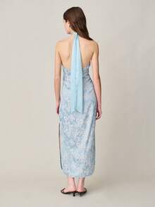 Nöista 淺藍色花卉夏季優雅婚禮賓客長洋裝，女款中式立領旗袍，修身高開衩派對洋裝 - 藍色 - 查看 2