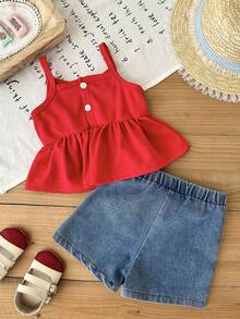 SHEIN 2pcs/Baby Girls, A Sweet Spring/Summer Outing Outfit: A Red Halter Top With Ruffled Details And Faux Cherry Embroidery, Paired With Denim Culottes And A Two Pieces Skirt - Red - View 2
