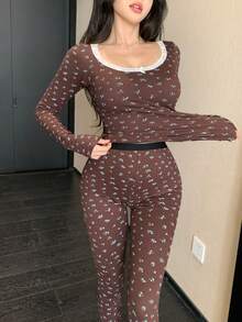 DAZY 2pcs Women Floral Lace Patchwork Slim Fit Long Sleeve Top And Long Pants Pajama Set - Coffee Brown - View 4